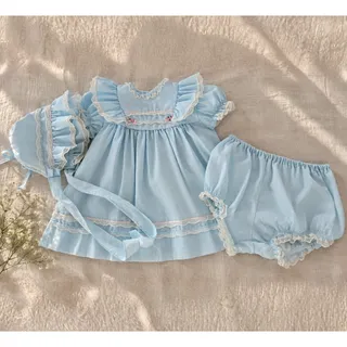 Photo of Vintage 1980s Bryan Dress Bonnet & Bloomers Set Blue Polka Dot Lace | Baby 24M