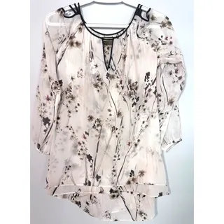 Photo of White House Black Market Floral Print Blouse Black Trim Ring Detail