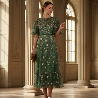 Photo of Mac Duggal Floral Beaded Mesh Midi Dress – Size 10 – Sage – NWT – Style 6162