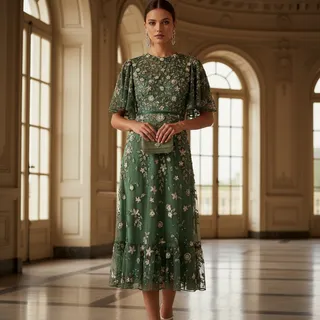 Photo of Mac Duggal Floral Beaded Mesh Midi Dress – Size 10 – Sage – NWT – Style 6162