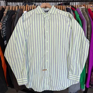 Photo of Vintage 90s Polo Ralph Lauren Striped Button Up Shirt Green and White