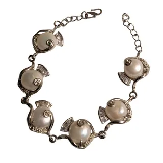 Photo of Marked 18K GP Silver Tone Faux Mabe Pearl CZ Hook Clasp 7.5"-8.5" Bracelet