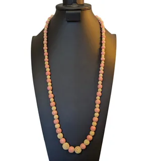 Photo of Vintage Graduated Carved Celluloid & Pink Coral Bead Broken Clasp 32" Necklace