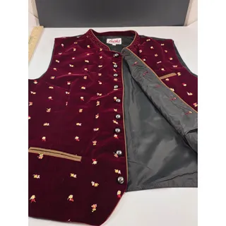 Photo of Fuchs Trachtenmoden Size 60 Burgundy Velvet Floral Trachten Vest Oktoberfest