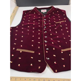 Photo of Fuchs Trachtenmoden Size 60 Burgundy Velvet Floral Trachten Vest Oktoberfest