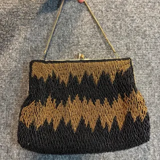 Photo of Vintage Black Gold Beaded Handbag Zigzag Geometric Evening Clutch Chain