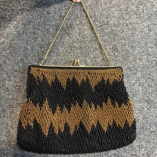 Photo of Vintage Black Gold Beaded Handbag Zigzag Geometric Evening Clutch Chain