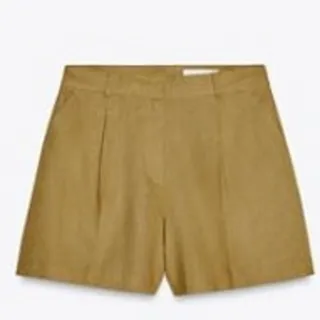 Photo of ZARA LINEN BLEND HIGH RISE OLIVE GREEN SHORTS MEDIUM NWT