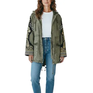 Photo of FREE PEOPLE Golden Quills Embellished Military Hooded Parka Sz L Green Boho Rare