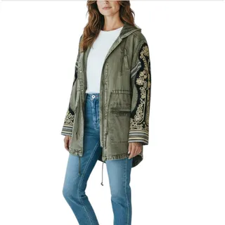Photo of FREE PEOPLE Golden Quills Embellished Military Hooded Parka Sz L Green Boho Rare