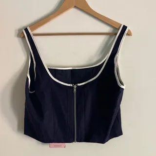 Photo of Avec Les Filles Blue Linen Blend Crop Tank Top Size 14 NWT Zip Back Square Neck