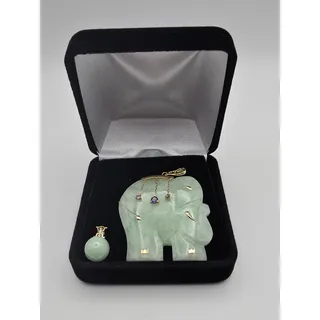 Photo of Jadeite Elephant Pendant 14K Gold Amethyst Accents + Jade Ball Charm