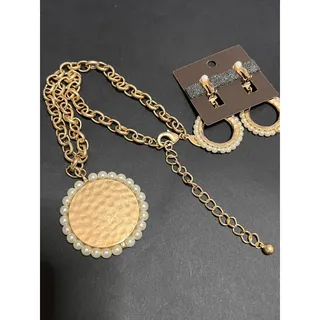 Photo of Chico's Hammered Gold Medallion Faux Pearl Halo Statement Necklace & Earring Set