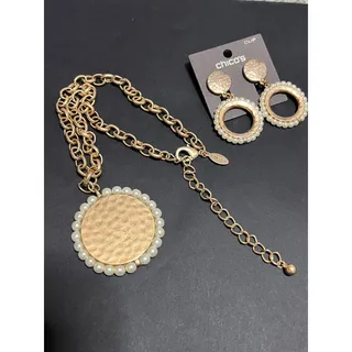 Photo of Chico's Hammered Gold Medallion Faux Pearl Halo Statement Necklace & Earring Set