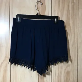 Photo of Ambiance Navy Blue Crochet Lace Trim Shorts Elastic Waist Pull On Boho Rayon L