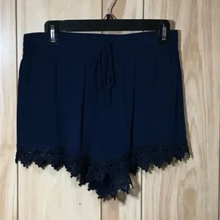 Photo of Ambiance Navy Blue Crochet Lace Trim Shorts Elastic Waist Pull On Boho Rayon L
