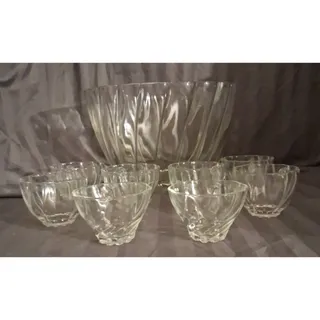Photo of MCM Clear Glass Punch Bowl Set 8 Cups Mid Century Fluted Ribbed Ruffled Rim