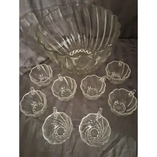 Photo of MCM Clear Glass Punch Bowl Set 8 Cups Mid Century Fluted Ribbed Ruffled Rim