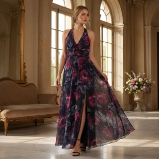 Photo of Siena Multicolor Dark Floral Halter Maxi Dress – Size 16 – NWT
