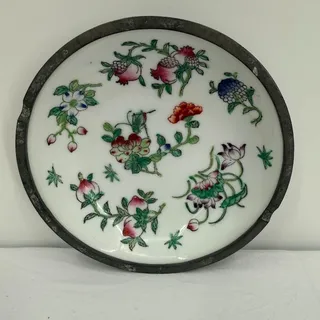 Photo of Vintage ACF Hong Kong Porcelain Floral Trinket Dish Metal Mounted 6"