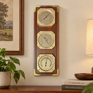 Photo of Vintage Sunbeam Weather Station Barometer Thermometer Hygrometer Wood Brass
