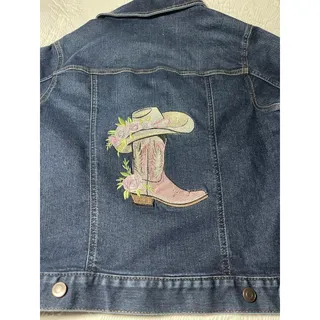 Photo of Custom Embroidered Denim Jacket Time & Tru Med Western Pink Cowgirl Cowboy Boot