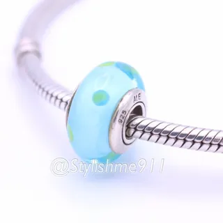 Photo of Authentic PANDORA Blue/ Green Polka Dots Murano Glass Charm