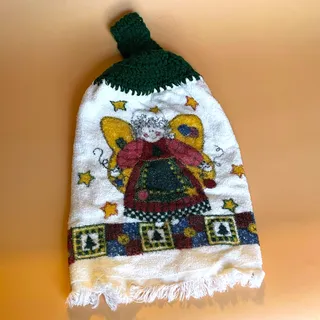 Photo of Handmade Christmas Angel Hanging Kitchen Towel Crochet Top Cottagecore 12"