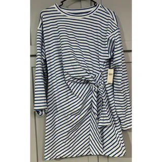 Photo of Daily Practice Blue/White Striped Knit Stretch Tie Waist Short Dress Size S