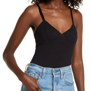 Photo of Open Edit V-Neck Cotton Blend Camisole in Black, Size XS