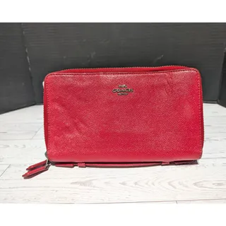 Photo of Coach Red Crossgrain Leather Double Zip Travel Organizer Wallet Clutch Case