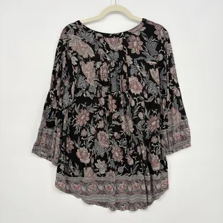 Photo of Lucky Brand Womens 1X Top Black Floral Henley Hi-Low Viscose 3/4 Sleeve Boho