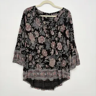 Photo of Lucky Brand Womens 1X Top Black Floral Henley Hi-Low Viscose 3/4 Sleeve Boho