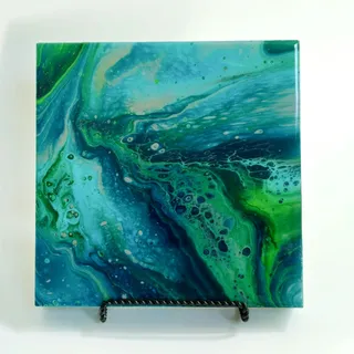 Photo of Original Hand-Poured Acrylic Abstract Painting on Canvas | Blue & Green Art