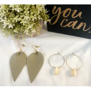 Photo of Boho Neutral Earring Set – Leather Teardrop & Shell Hoop Earrings (2 Pairs)
