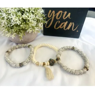 Photo of Boho Neutral Beaded Bracelet Set Stackable Stretch Speckled Beads Tassel