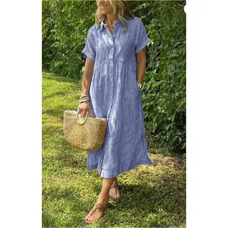 Photo of Summer Striped Midi Long Shirt Dress Casual Loose Short Sleeve Button Down Dress