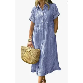 Photo of Summer Striped Midi Long Shirt Dress Casual Loose Short Sleeve Button Down Dress