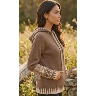 Photo of Hem and Thread Heather Brown Boho Aztec Pattern Knit Hoodie Sweater Large NWT
