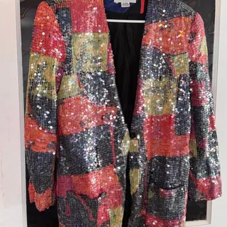 Photo of Vintage Sandy Starkman Sequin Patchwork Jacket Abstract Artwear Blazer L