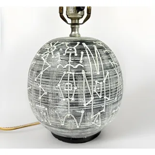 Photo of Vtg MCM Accent Table Lamp Marked F.A.I.P. Ceramic Tribal Stick Figure Motif 23”