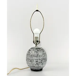 Photo of Vtg MCM Accent Table Lamp Marked F.A.I.P. Ceramic Tribal Stick Figure Motif 23”