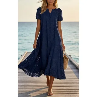 Photo of Summer Ruffle Hem Floral Lace Eyelet Dress Casual Notch Neck Midi Tunic Dress