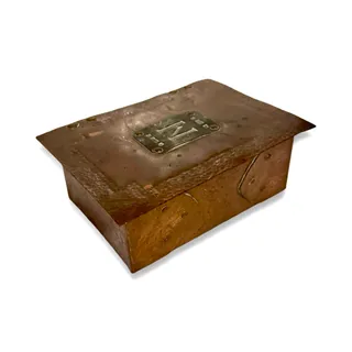 Photo of Antique c1910-30 Arts Crafts Hammered Copper Wood Box Mission Monogram N