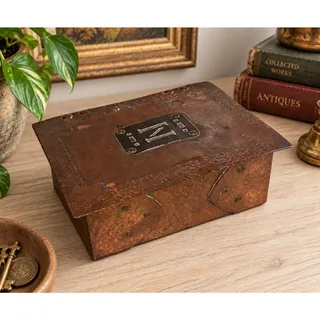 Photo of Antique c1910-30 Arts Crafts Hammered Copper Wood Box Mission Monogram N