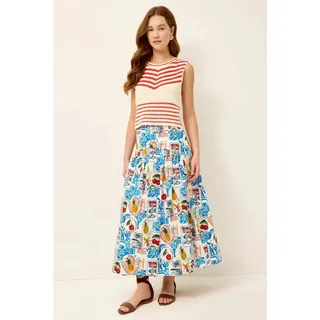 Photo of Marie Oliver Vicki Drop Waist Midi Skirt Postcard Print 6 NWT Coastal Resort