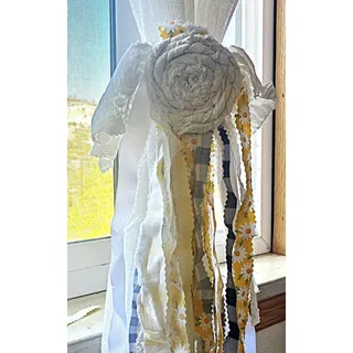 Photo of Handmade Double Door Daisy Decor, Lace Flower Door Tassels, Blue Gingham Ribbon