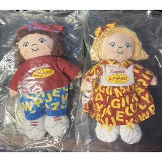 Photo of Campbell’s Soup Company Kids Alphabet Soup Plush Dolls Set Of 2 Boy & Girl Vintg