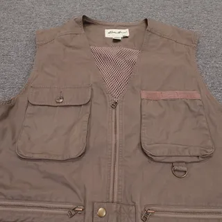 Photo of Eddie Bauer Vest Mens Medium Brown Canvas Multi Pocket Full Zip Mesh Hiking