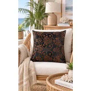 Photo of Espresso Brown Embroidered Faux Leather Boho Floral Paisley Stitching Decorative Throw Pillow